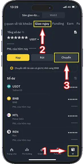 Bước 1: Đăng nhập vào ứng dụng Binance, chọn chức năng Ví (1), sau đó chọn ví Giao ngay (2) và ấn Chuyển (3)